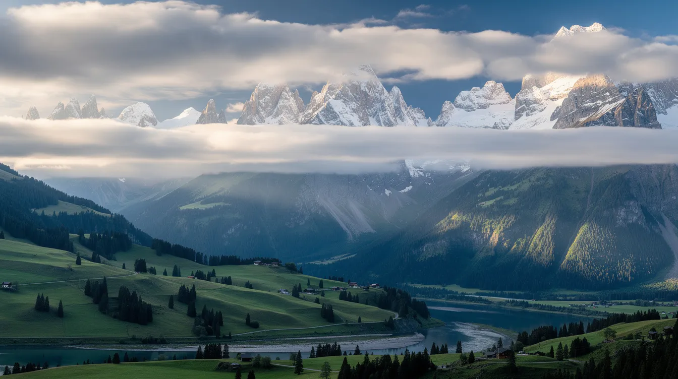 Die Bildbeschreibung zeigt eine beeindruckende Berglandschaft mit schneebedeckten Gipfeln im Hintergrund, während Wolkenbänder über den grünen Tälern schweben. Diese Szene könnte in der Nähe des Jade Dragon Snow Mountain in der Provinz Yunnan, China, aufgenommen worden sein, wo die atemberaubende Natur und die Kultur der Region Reisende anziehen.