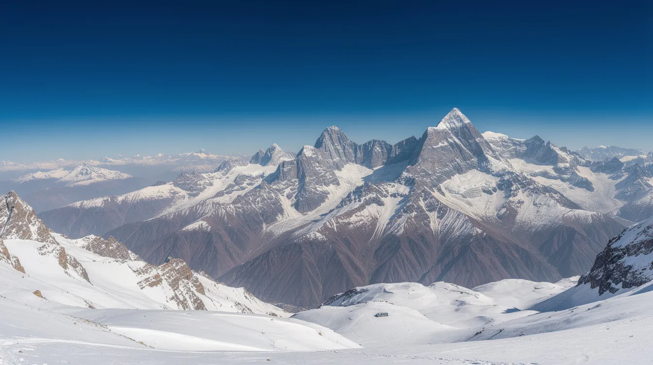 Der Panoramablick zeigt eine beeindruckende, schneebedeckte Bergkette in Westchina unter einem wolkenlosen Himmel, der die Schönheit der Landschaft und die Vielfalt der Regionen in diesem faszinierenden Land hervorhebt. Diese Szenerie ist besonders während der besten Reisezeit für China im Frühling und Herbst ein beliebtes Ziel für Reisende, die die Natur und Kultur entdecken möchten.