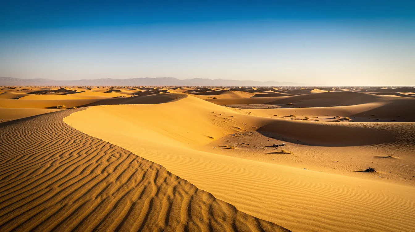 Ein weites Meer aus goldenen Sanddünen erstreckt sich bis zum Horizont unter einem klaren blauen Himmel, während im Hintergrund die Berge der Taklamakan-Wüste sichtbar sind. Diese beeindruckende Landschaft gehört zum nordwestchinesischen uigurischen autonomen Gebiet Xinjiang und vermittelt ein Gefühl von Weite und Stille.