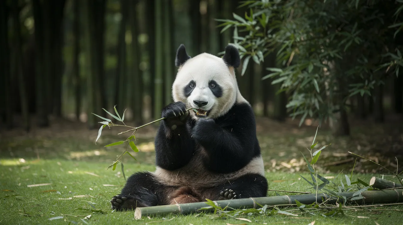 Ein großer Panda sitzt auf einer grünen Wiese in der Provinz Sichuan und frisst genüsslich Bambusstangen, umgeben von dichtem Wald. Diese Szene zeigt die Schönheit der Natur im Südwesten Chinas und die eindrucksvolle Fauna der Region.
