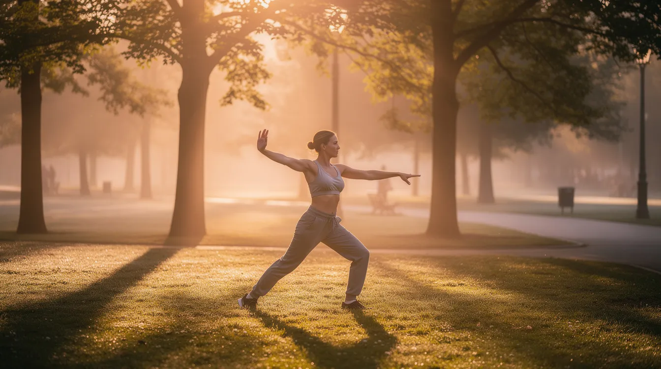 Eine Person praktiziert Tai Chi im Park bei Sonnenaufgang, umgeben von Bäumen, während die ersten Sonnenstrahlen den Raum mit Licht erfüllen. Diese harmonische Bewegung spiegelt die Prinzipien des Daoismus wider und fördert die Verbindung von Körper und Geist.