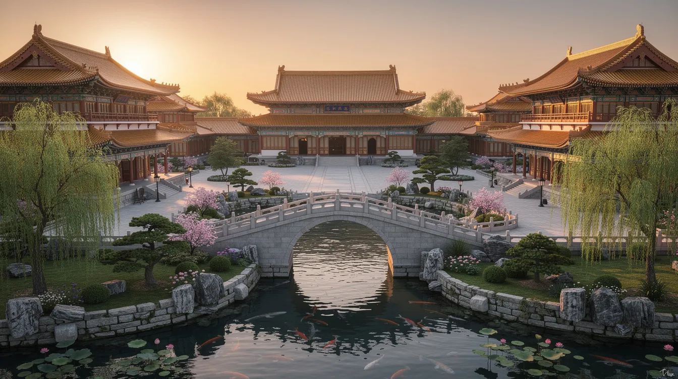 Die Abbildung zeigt eine große traditionelle chinesische Palastanlage aus der Qing-Dynastie mit geschwungenen Dächern, umgeben von üppigen Gärten und Wasserläufen, die die historische Pracht und Kultur des kaiserlichen China widerspiegeln. Der Palast ist ein beeindruckendes Beispiel für die Architektur des Kaiserreichs und vermittelt ein Gefühl von Herrschaft und Geschichte.