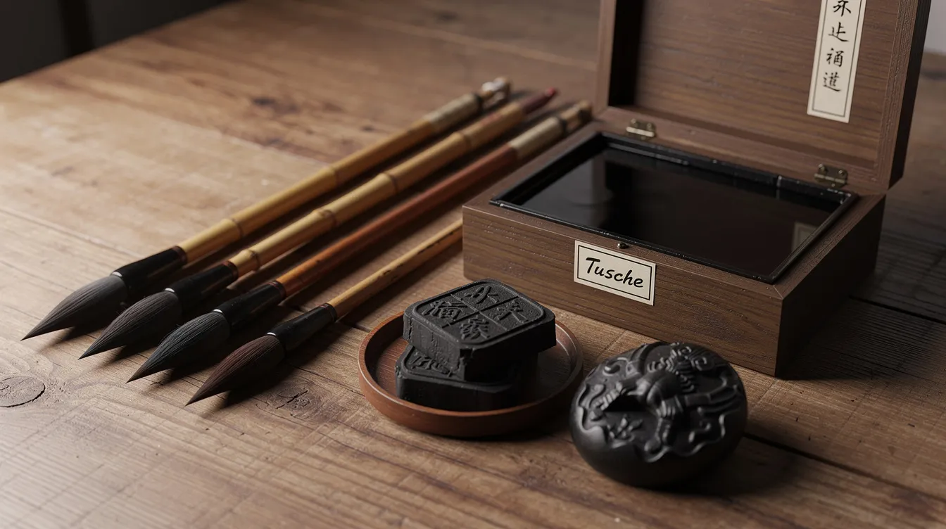Das Bild zeigt traditionelle chinesische Kalligrafie-Pinsel, die neben einem geöffneten Tuscheset auf einem Holztisch liegen. Diese Materialien sind ein Beispiel für die Kunst und Kultur während der Tang-Dynastie, einer Zeit, die für ihre Blütezeit in China bekannt ist.