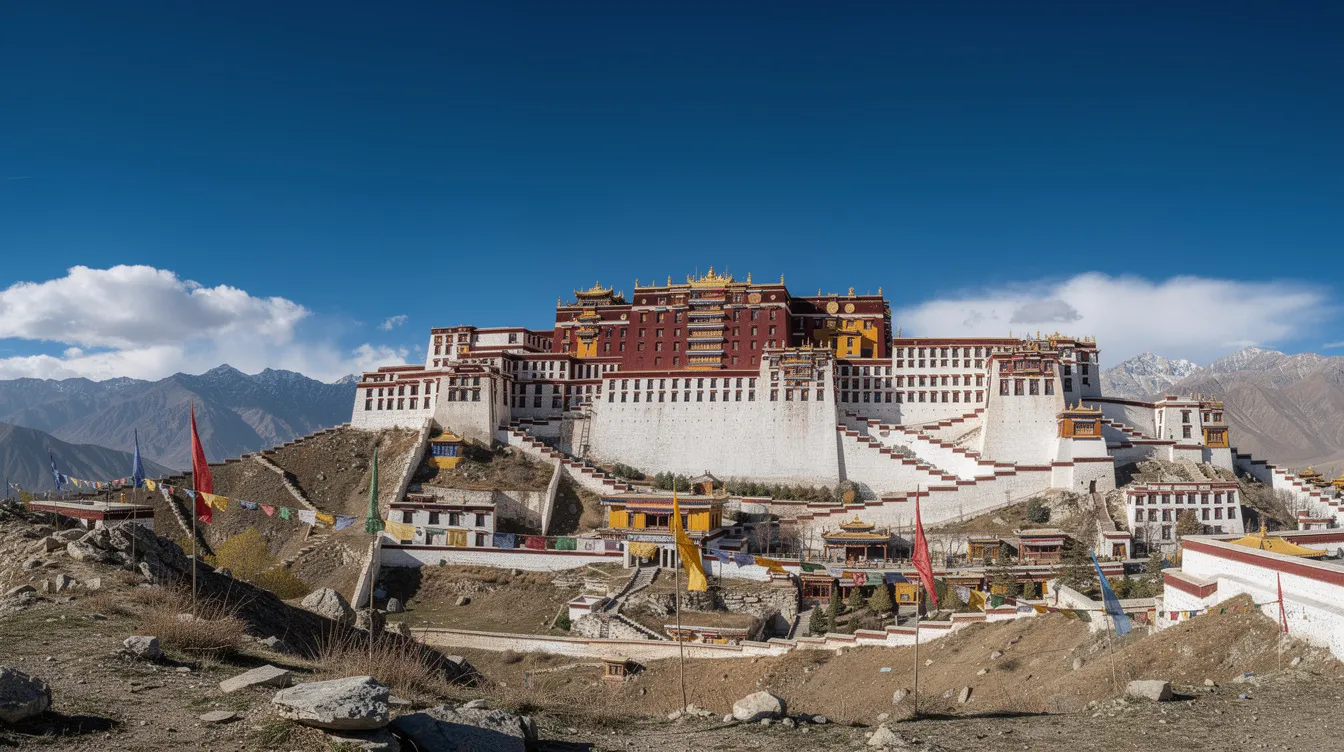 Ein Panoramablick auf den Potala Palast in Lhasa zeigt das beeindruckende Bauwerk, das majestätisch auf einem Hügel thront, umgeben von Bergen und einem strahlend blauen Himmel. Der rote und weiße Palast, einst die Hauptresidenz des Dalai Lama, ist ein bedeutendes Symbol des tibetischen Buddhismus und ein UNESCO-Weltkulturerbe.