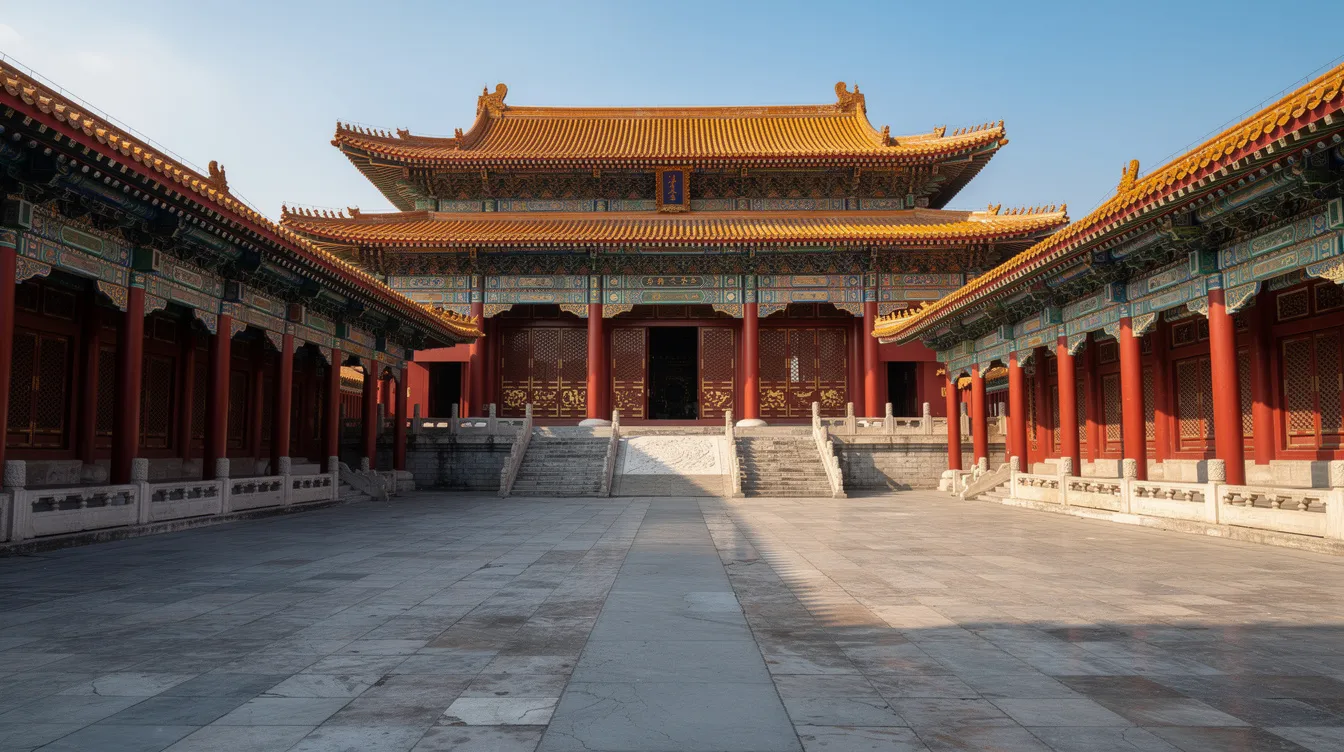 Der traditionelle chinesische Palastinnenhof zeigt prächtige rote Säulen und goldene Dachziegel, umgeben von einem weiten gepflasterten Platz, der die beeindruckende Architektur und Kultur Chinas widerspiegelt. Dieser Ort ist ein Beispiel für die majestätischen Sehenswürdigkeiten in China, die Reisende aus aller Welt anziehen.