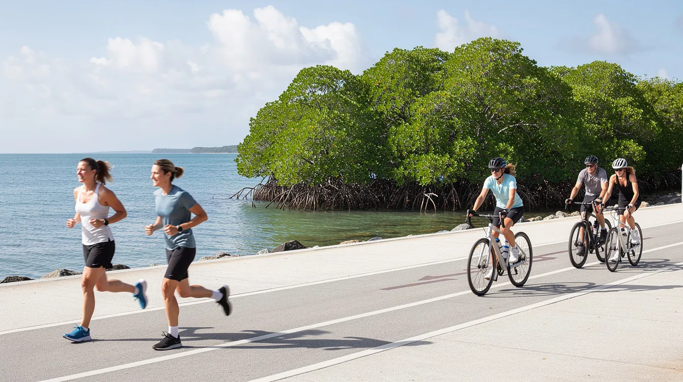 Auf einer breiten Küstenpromenade joggen Menschen und fahren Fahrrad, während im Hintergrund die Mangroven und das Wasser der Shenzhen Bay zu sehen sind. Diese lebendige Szene zeigt die Aktivitäten der Einwohner in dieser dynamischen Megacity, die für ihre hohe Lebensqualität und innovative Entwicklung bekannt ist.
