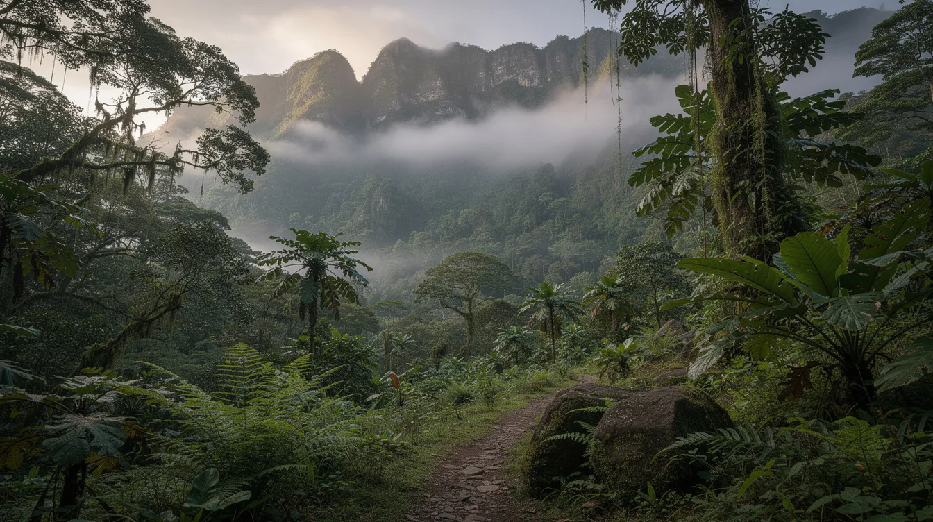 Ein dichter tropischer Regenwald erstreckt sich über die Berggipfel, die von einem mystischen Nebel umhüllt sind, während ein schmaler Wanderpfad durch die üppige Vegetation führt. Diese Szenerie könnte sich auf der Insel Hainan in China befinden, bekannt für ihre beeindruckenden Landschaften und als beliebtes Reiseziel.