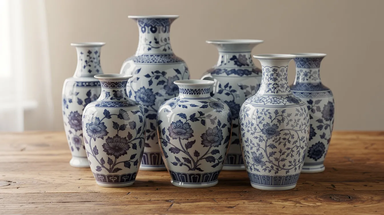 Auf einem Holztisch stehen mehrere blau-weiße Porzellanvasen, die mit floralen Mustern verziert sind und an die Kunst der Ming-Dynastie erinnern. Diese eleganten Vasen bringen ein Stück chinesischer Kultur und Tradition in das Ambiente.