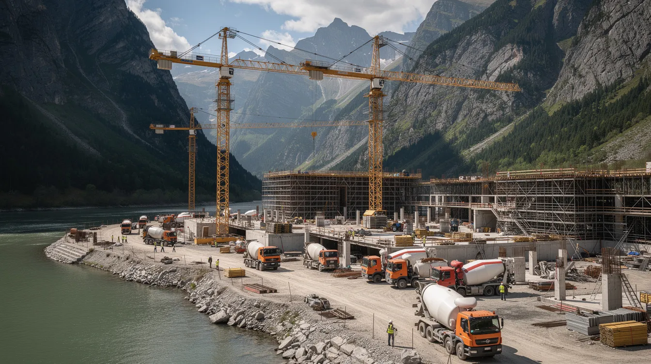 Die Baustelle am Flussufer zeigt große Kräne und Betonmischer, umgeben von steilen Bergen und Gerüststrukturen, die Teil des Drei-Schluchten-Projekts sind. In der Nähe des Yangtze-Flusses wird an einem beeindruckenden Staudamm gearbeitet, der die Landschaft und die Umwelt nachhaltig beeinflussen wird.