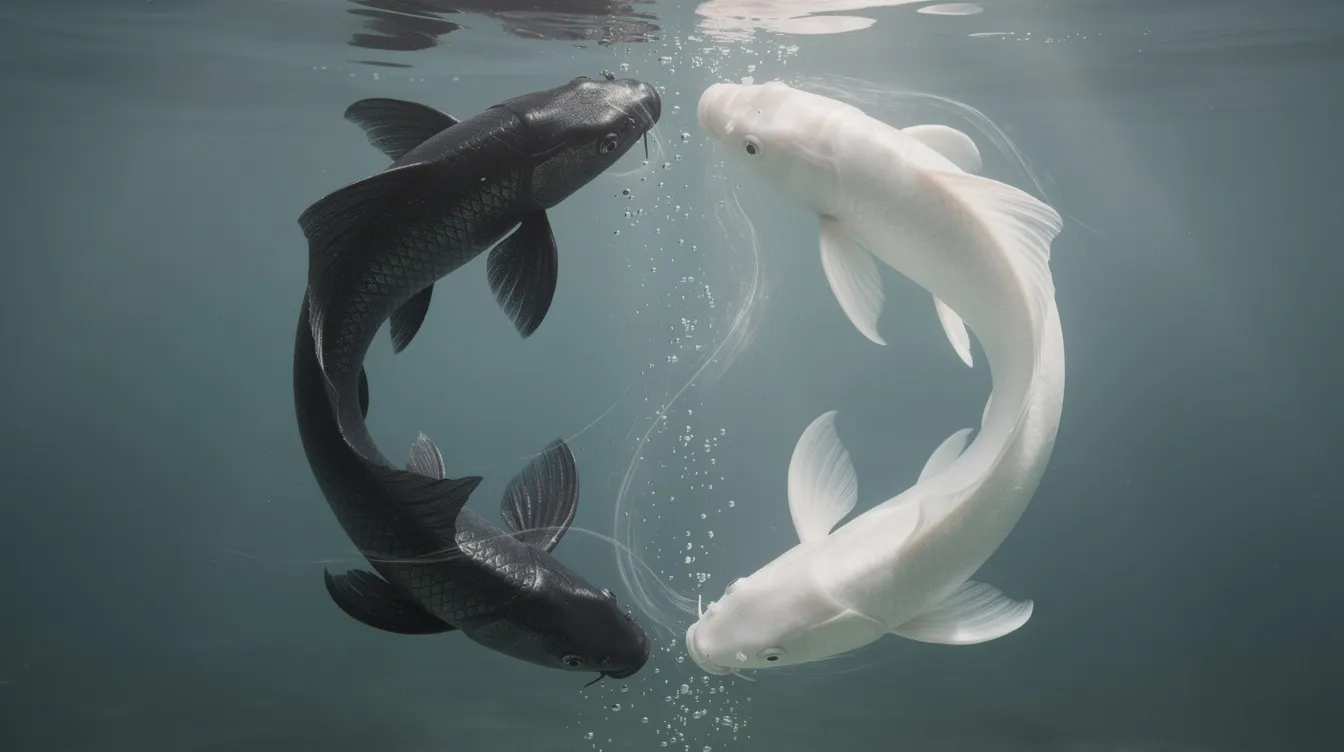 Zwei Koi-Fische, einer schwarz und einer weiß, schwimmen in harmonischer kreisförmiger Bewegung im Wasser, was die taoistische Philosophie von Yin und Yang symbolisiert. Diese Darstellung spiegelt die Balance und den Fluss des Lebens wider, die in der chinesischen Kunst und Kultur tief verwurzelt sind.