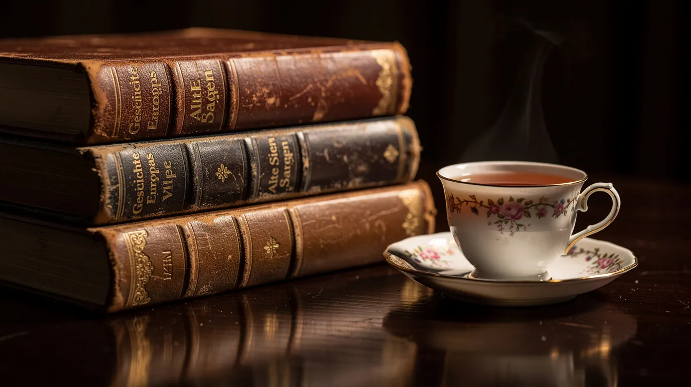 Auf einem dunklen Holztisch liegt ein Stapel alter, ledergebundener Bücher, die Weisheiten und Lehren des Konfuzius enthalten, neben einer dampfenden Teetasse. Diese Atmosphäre lädt zum Nachdenken über das Leben und die Philosophie ein, während die Bücher die Geschichte und Kultur Chinas widerspiegeln.