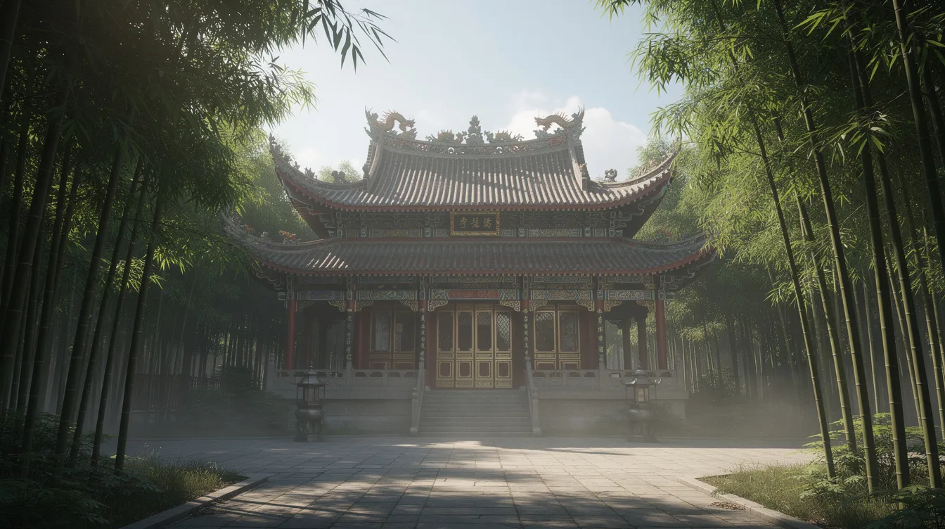 Das Bild zeigt einen traditionellen chinesischen Tempel mit geschwungenen Dächern, der von dichtem Bambus umgeben ist. Diese Architektur spiegelt die Harmonie und die Philosophie des Daoismus wider, die in der chinesischen Kultur tief verwurzelt ist.