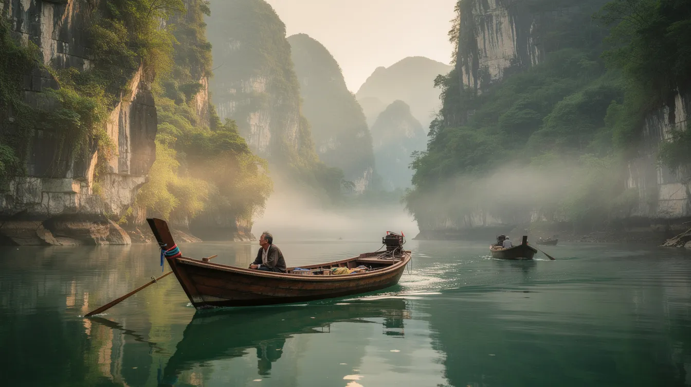 Auf einem ruhigen Fluss fahren traditionelle Holzboote zwischen steilen, grünen Karstfelsen, die die beeindruckende Landschaft Chinas prägen. Diese Szenerie zeigt die Vielfalt und natürliche Schönheit des Landes, die während einer Rundreise durch China in der besten Reisezeit entdeckt werden kann.