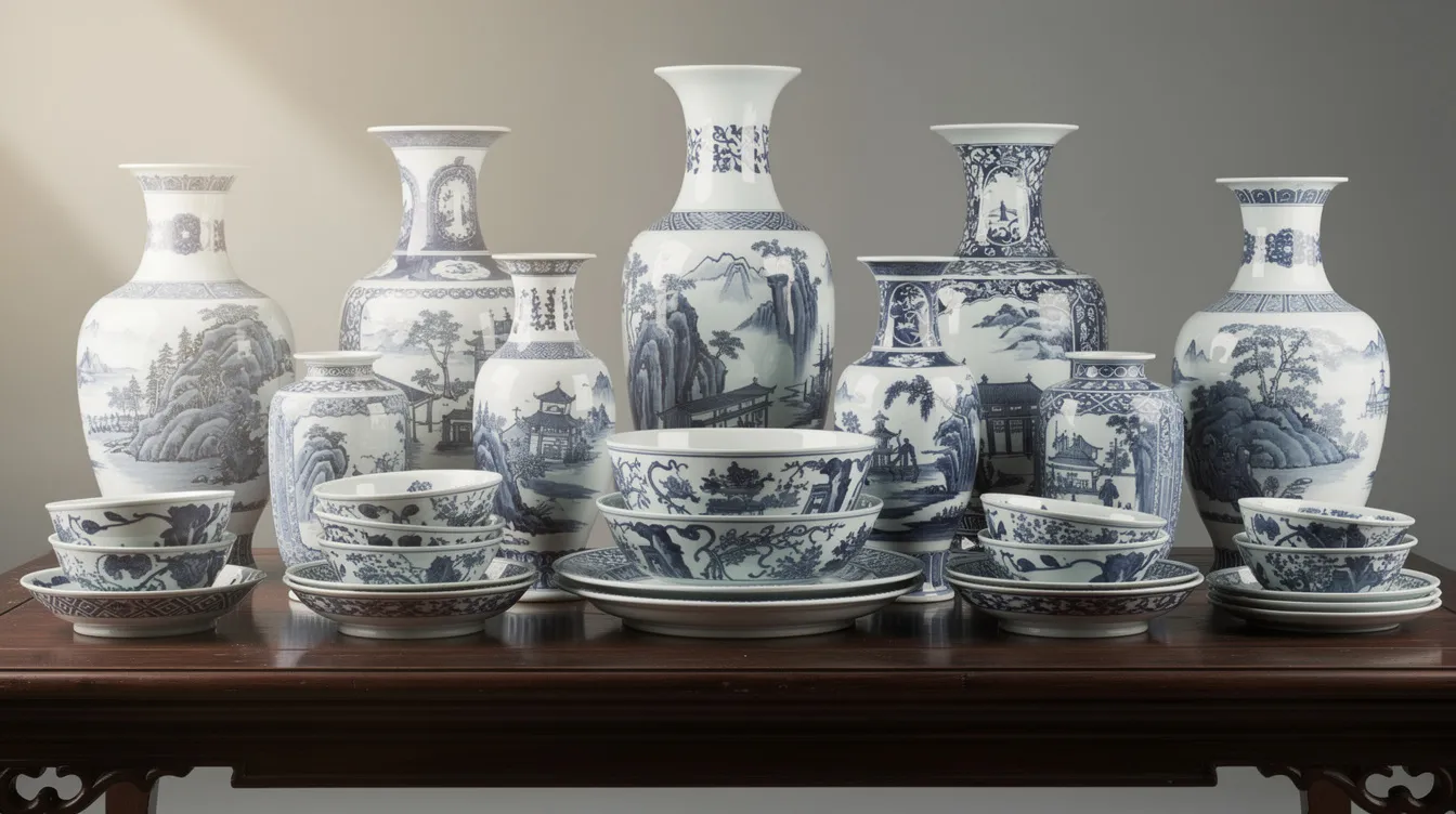 Das Bild zeigt kunstvoll verzierte chinesische Vasen und Schalen aus blauem und weißem Porzellan, die auf einem hölzernen Tisch angeordnet sind. Diese Stücke stammen aus der Qing-Dynastie und repräsentieren die reiche Geschichte und Kunstfertigkeit Chinas.