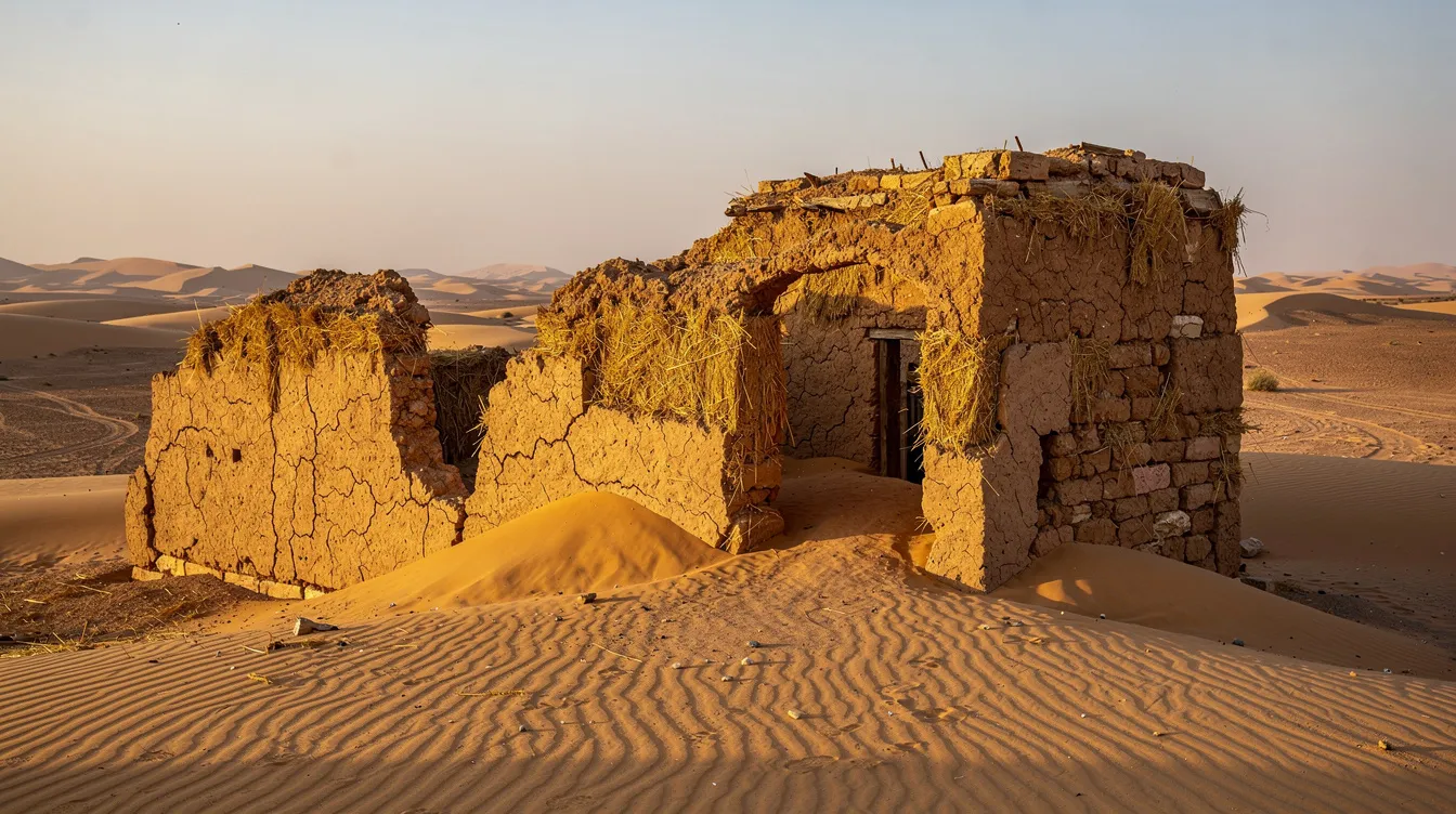 Das Bild zeigt die antiken, verwitterten Ruinen einer Lehmziegelstruktur, die teilweise im Sand der Taklamakan-Wüste begraben ist, während im Hintergrund sanfte Sanddünen sichtbar sind. Diese Ruinen sind ein Teil der reichen Kultur und Geschichte der Region Xinjiang in Zentralasien.