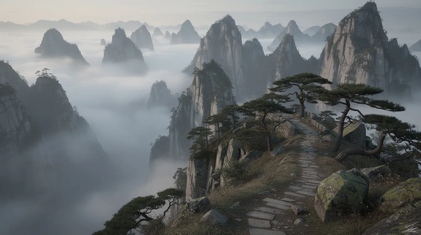 In der nebelverhangenen chinesischen Berglandschaft sind Kiefern zu sehen, die sich entlang eines schmalen Pfades gruppieren. Diese Szene strahlt eine Atmosphäre der Stille und Harmonie aus, die an die Lehren des Daoismus und die Philosophie von Lao Tse erinnert.