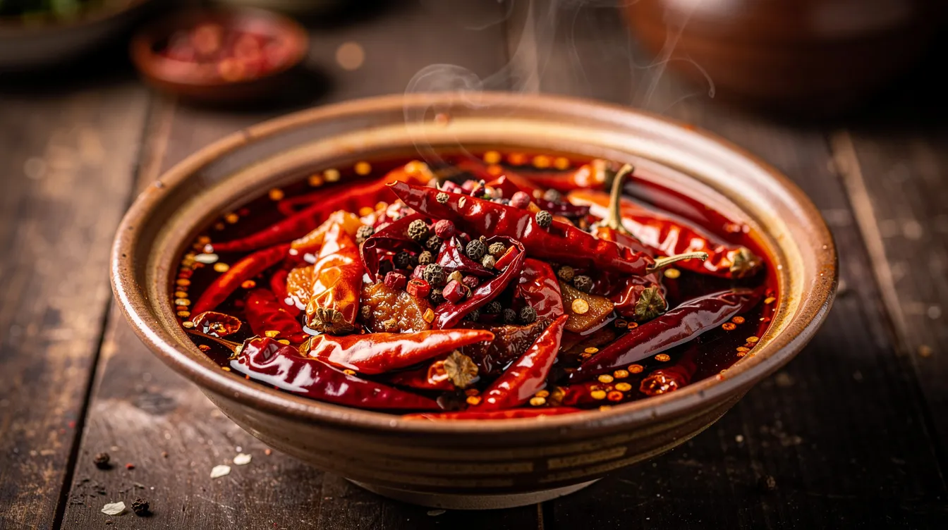 Das Bild zeigt eine rustikale Schüssel mit leuchtend roten Sichuan-Gerichten, die reichlich mit getrockneten Chilis und Sichuanpfeffer garniert sind. Diese Speisen repräsentieren die vielfältigen Aromen der chinesischen Küche und laden zu einem genussvollen Essen ein.