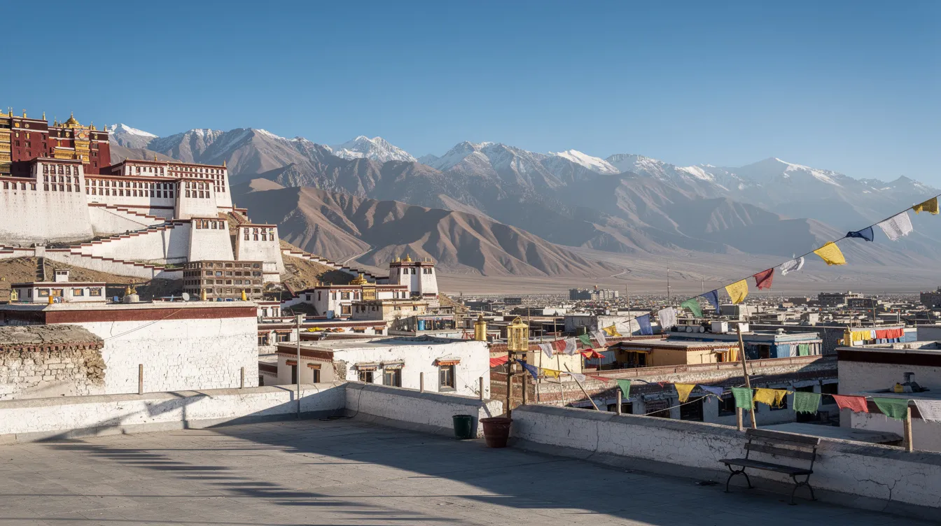 Der Blick von der Dachterrasse des Potala Palastes in Lhasa zeigt die Dächer der Stadt, umgeben von majestätischen Bergen am Horizont. Der Potala Palast, ein UNESCO-Weltkulturerbe und ehemalige Residenz des Dalai Lama, erhebt sich als beeindruckendes Bauwerk über der Hauptstadt Tibet.