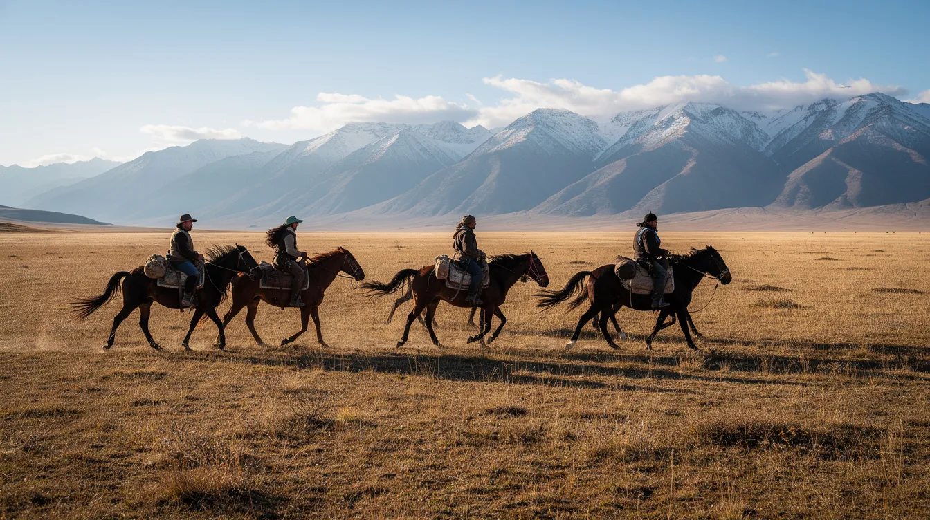 Reiter überqueren eine weite nordische Steppe mit majestätischen Bergen im Hintergrund, die an die Geschichte des Qing Reiches und die Weiten Chinas erinnern. Die Szene vermittelt ein Gefühl von Freiheit und Abenteuer in einer beeindruckenden Landschaft.