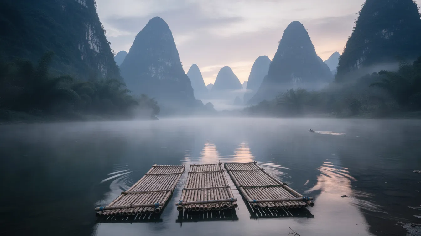 Auf dem ruhigen Li-Fluss schwimmen Bambusflöße, umgeben von majestätischen Karstbergen, während der Morgennebel die Landschaft sanft umhüllt. Diese Szene spiegelt die natürliche Schönheit der Region Yangshuo in Guilin, China wider und ist ein beliebtes Ziel für Reisende und Touristen.