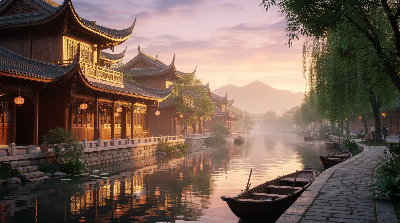 Das Bild zeigt traditionelle chinesische Holzarchitektur mit geschwungenen Dächern, die an einem ruhigen Wasserkanal bei Sonnenuntergang steht. Diese Bauweise spiegelt die Vielfalt der Kultur in den chinesischen Provinzen wider und vermittelt ein Gefühl von Geschichte und Harmonie in der Volksrepublik China.