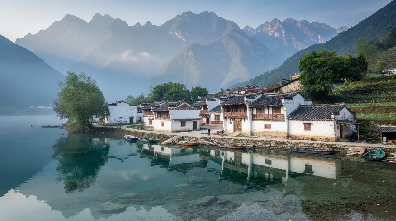 Ein traditionelles, weißes Bai-Dorf liegt malerisch am Ufer eines klaren Bergsees, umgeben von majestätischen Bergen, die die Landschaft prägen. Diese Szenerie spiegelt die reiche Kultur und Natur der Provinz Yunnan wider, in der sich auch die Jade Dragon Snow Mountain und die Tiger Leaping Gorge befinden.