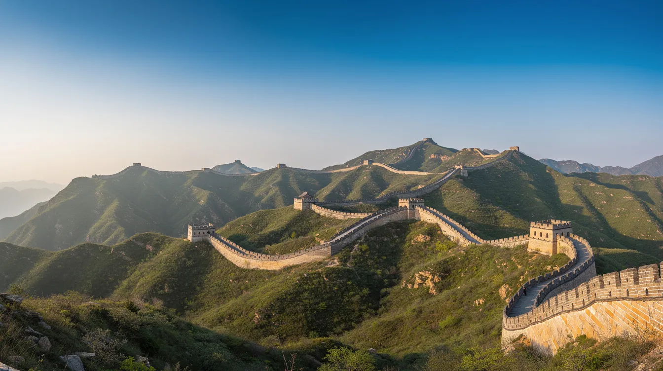 Ein atemberaubender Panoramablick auf die Chinesische Mauer, die sich majestätisch über die grünen Bergrücken schlängelt, unter einem klaren Himmel. Dieses beeindruckende Bauwerk zählt zu den Weltwundern und ist ein bedeutendes Symbol der Kultur und Geschichte Chinas.