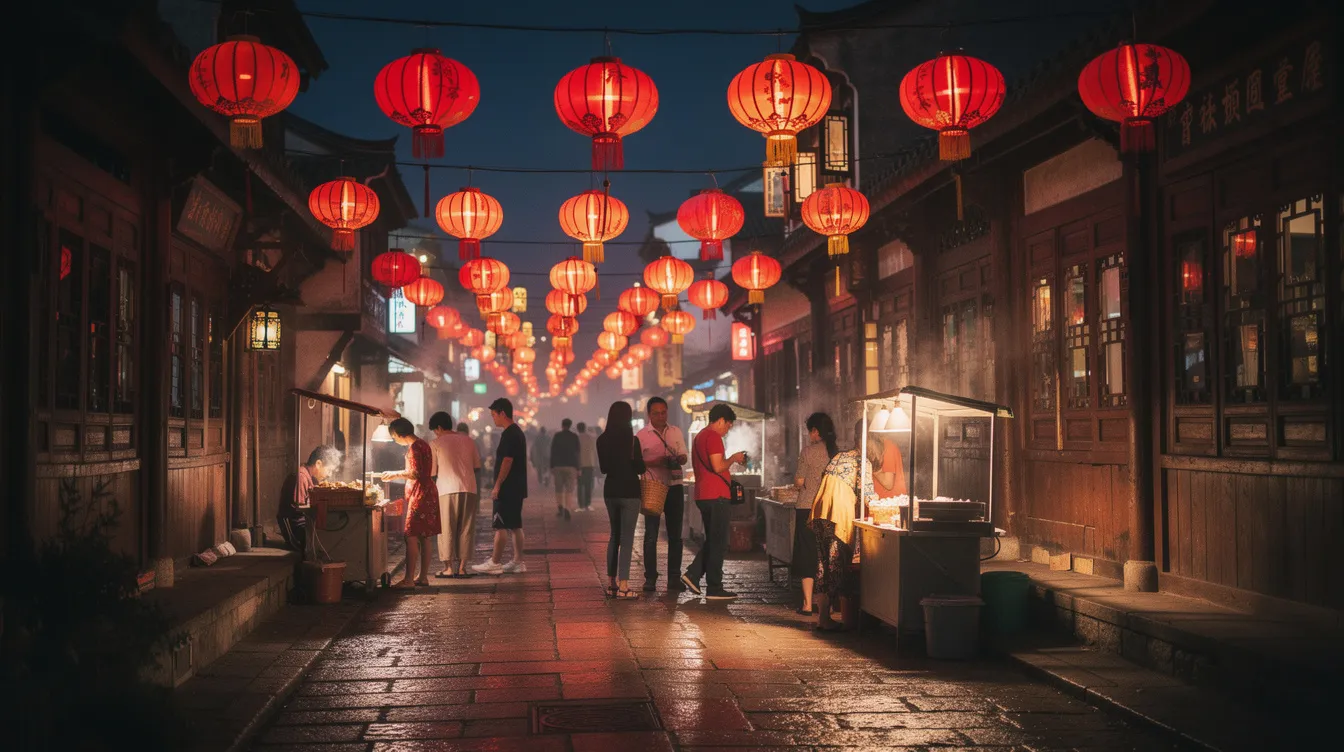 Über einer belebten Straße in einer chinesischen Altstadt hängen rote Laternen, die eine festliche Atmosphäre schaffen. Diese Szene spiegelt die Traditionen und Feierlichkeiten wider, die während des chinesischen Neujahrs und anderer Feiertage in China zelebriert werden.