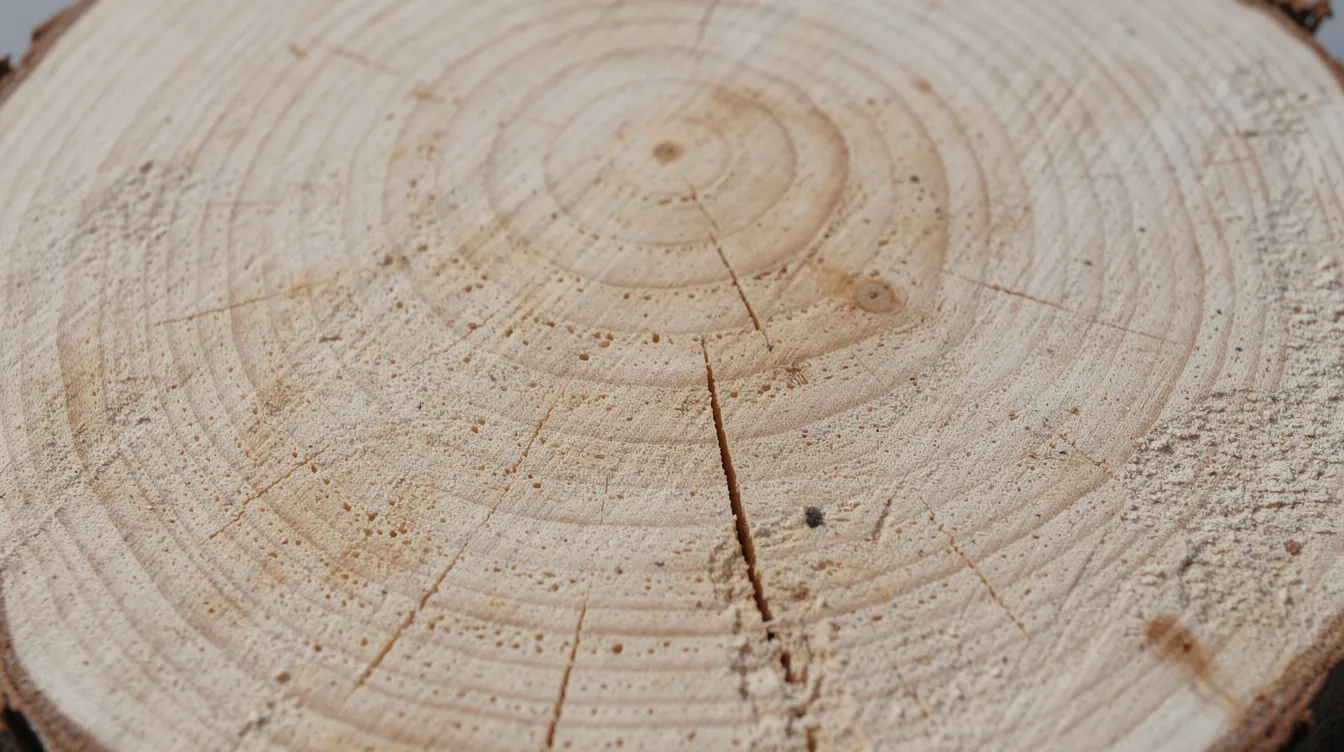 Die Nahaufnahme zeigt einen Baumstamm-Querschnitt mit gut erkennbaren Jahresringen, die unterschiedliche Breiten aufweisen und auf klimabedingte Veränderungen im Laufe der Jahre hinweisen. Diese Strukturen sind ein Beispiel für die Auswirkungen von Umweltbedingungen auf das Leben und die Geschichte, die auch während der Tang-Dynastie von Bedeutung waren.