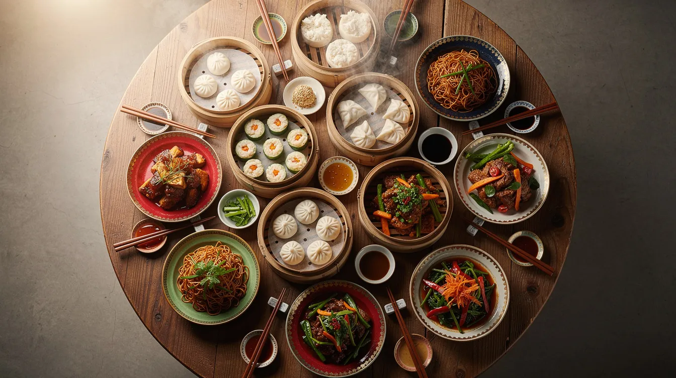 Auf einem runden Tisch sind verschiedene chinesische Gerichte angerichtet, darunter Dampfkörbe mit Jiaozi-Teigtaschen, Frühlingsrollen und eine Auswahl an Reis und Gemüse. Die Speisen sind farbenfroh und ansprechend präsentiert, um die Vielfalt der chinesischen Küche zu zeigen.
