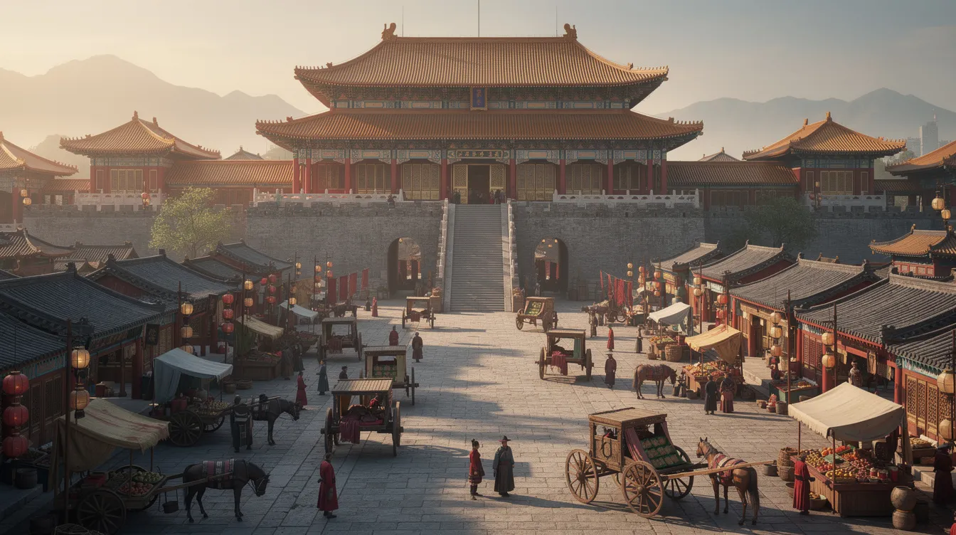 Das Bild zeigt beeindruckende historische chinesische Palastarchitektur aus der Tang-Dynastie, umgeben von breiten Straßen und einem geschäftigen Stadtleben in einer antiken Metropole. Menschen bewegen sich lebhaft durch die Straßen, während die majestätischen Strukturen die Blütezeit dieser Zeit widerspiegeln.