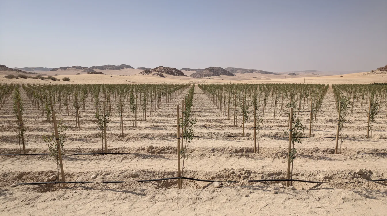 Das Bild zeigt Reihen junger Bäume, die in sandigem Boden gepflanzt sind, während im Hintergrund die karge Landschaft der Taklamakan-Wüste sichtbar ist. Diese Szene vermittelt den Kontrast zwischen dem grünen Gürtel der Bäume und der trockenen Wüstenumgebung im nordwestchinesischen uigurischen autonomen Gebiet.