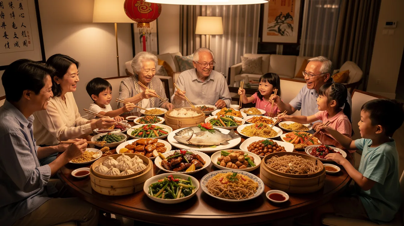 Eine große Familie versammelt sich um einen runden Tisch, auf dem zahlreiche traditionelle chinesische Gerichte für ein festliches Abendessen angerichtet sind. Diese Szene spiegelt die Bedeutung von Familienfesten und chinesischen Feiertagen wider, bei denen das gemeinsame Essen eine zentrale Rolle spielt.